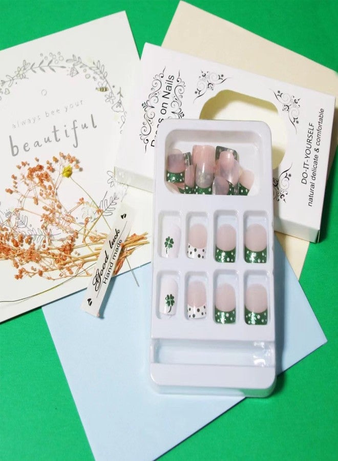 KRTBKR St Patrick's Day Press on Nails Short Square Fake Nails White Dots with Green Glitter Full Cover Tip Stick on Nails Shamrock Nude Nails Designs Glue on Nails Acrylic False Nails for Women DIY Irish - Image 2